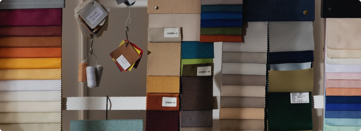 Fabric swatches arranged in vertical columns on a display