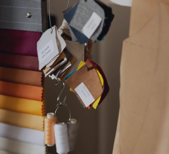 Hanging fabric swatches with identification tags used for fire retardant treatment records