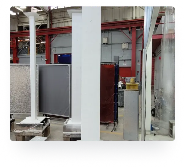 FlameOFF-coated structural steel columns set up in a fire testing laboratory